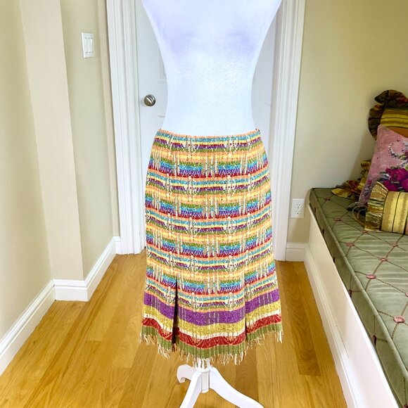 Max Mara Weekend Skirt Wool Blend Colorful Stripes Yellow Multi Pleats Fringe (8 - Picture 2 of 8